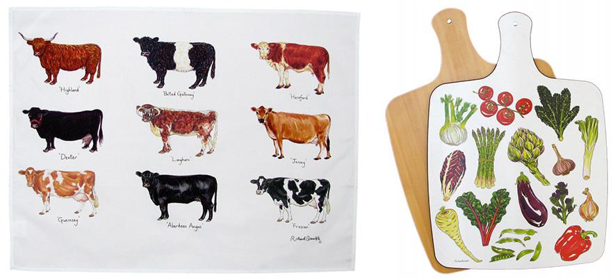 Richard bramble tea towel with cows and chopping board decorated with vegetables
